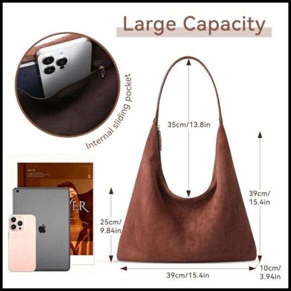 Faux Suede Hobo Shoulder Bag Slouchy Tote Zipper Closure Boho Chic - Picture 6 of 7